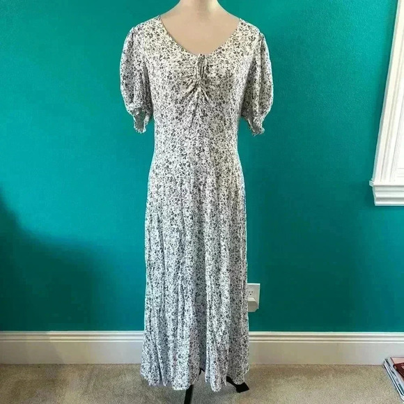 Reformation Trisha - Johanna Print Tea Dress Blue White Floral Gathered Midi 8 - Picture 2 of 7